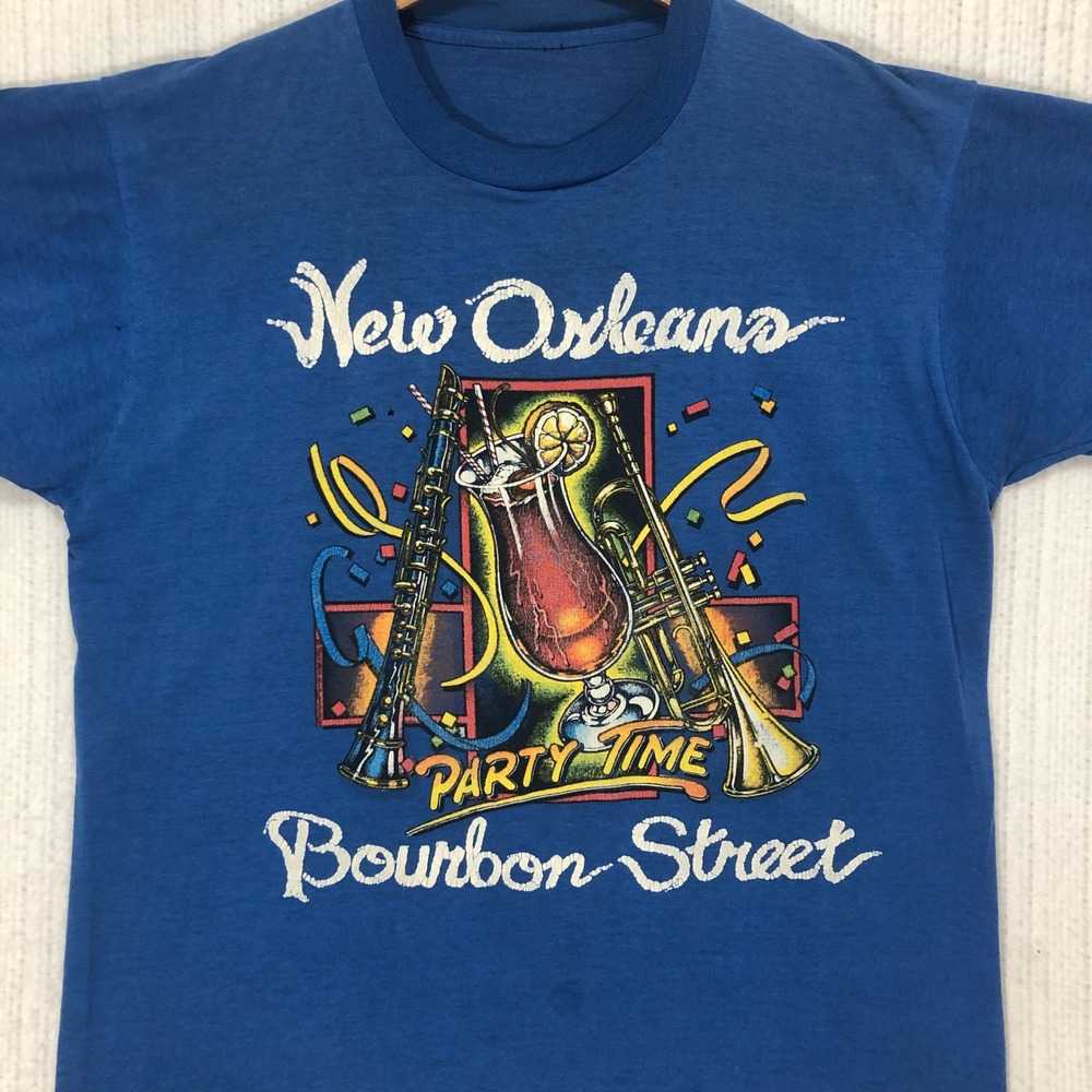 Vintage New Orleans Bourbon Street T-Shirt Blue Single Stitch Graphic Tee Small